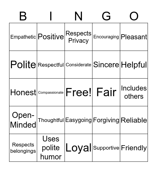 Friendship Characteristics Bingo Card