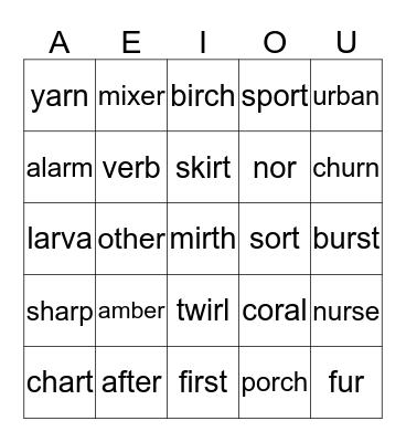 R-Controlled Vowels Bingo Card