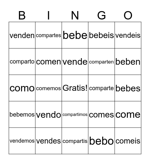 -er & -ir verbs Bingo Card