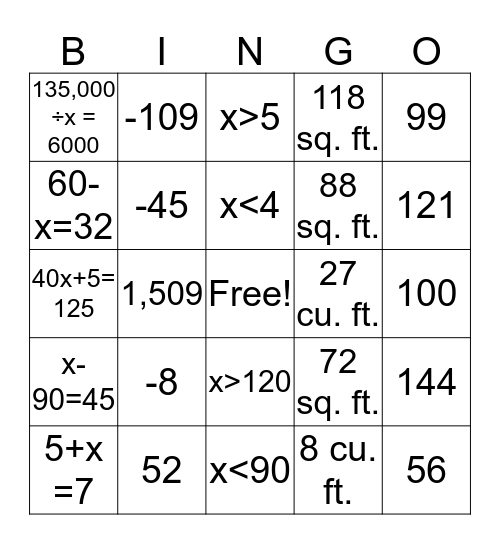 Math Review Bingo Card