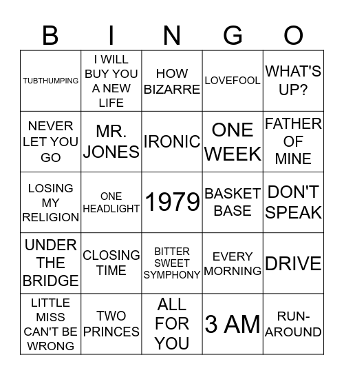 90'S Bingo Card