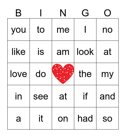 Valentine's Sight Word Bingo Card