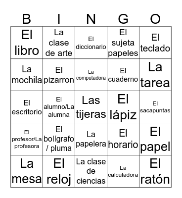 OBJETOS DE LA ESCUELA Bingo Card