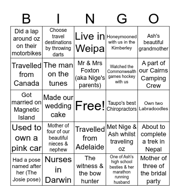 Nige & Ash's Wedding Bingo Card