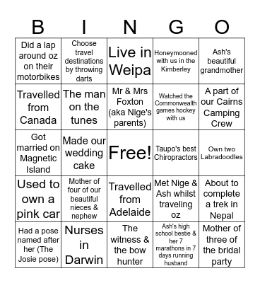 Nige & Ash's Wedding Bingo Card