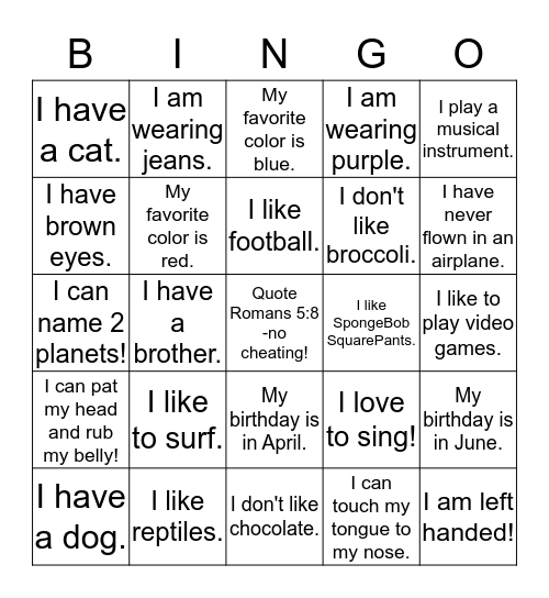 All About Me BINGO! Bingo Card