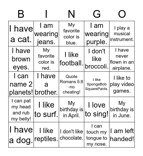 All About Me BINGO Bingo Card