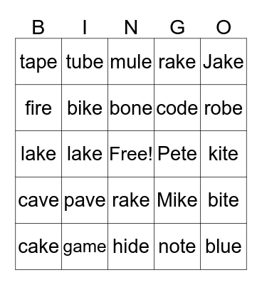 Magic E Bingo Card