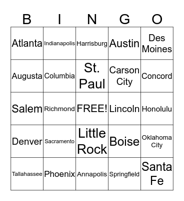 State Capital Bingo Card