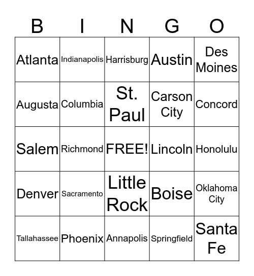 State Capital Bingo Card