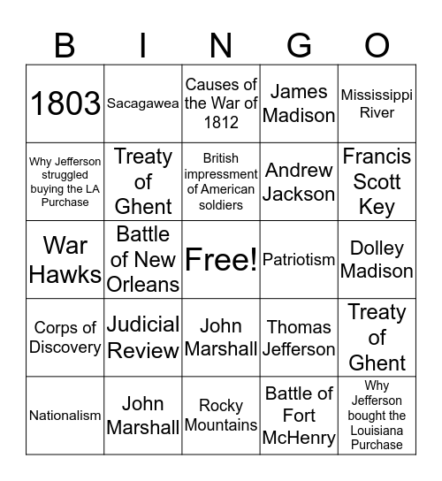 Jefferson/War of 1812  Bingo Card