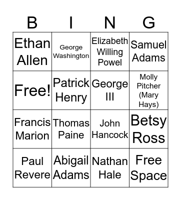 People of the American Revolution Bingo Card