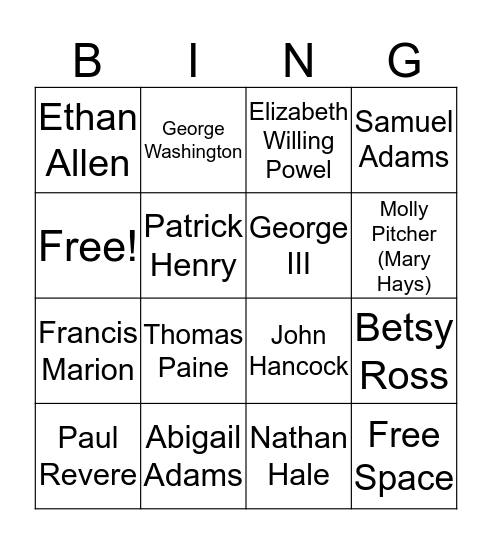 People of the American Revolution Bingo Card