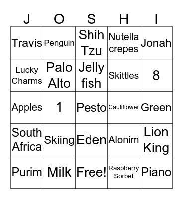 Joshi's Birthday Bingo Card