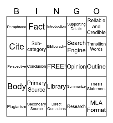 Research Unit Vocabulary 2 Bingo Card