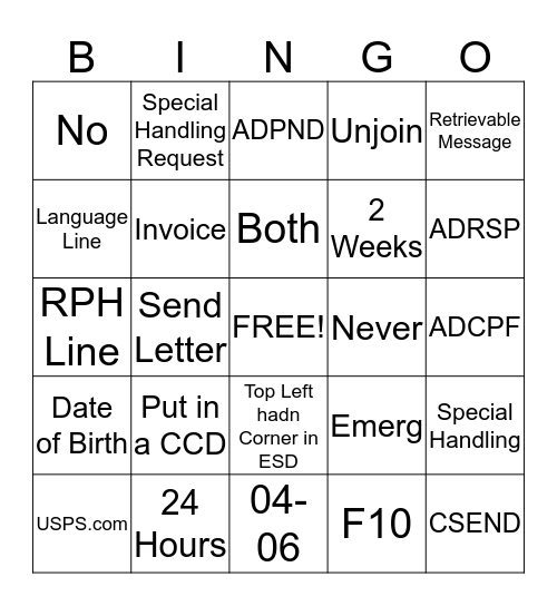 R&C Address Bingo Card