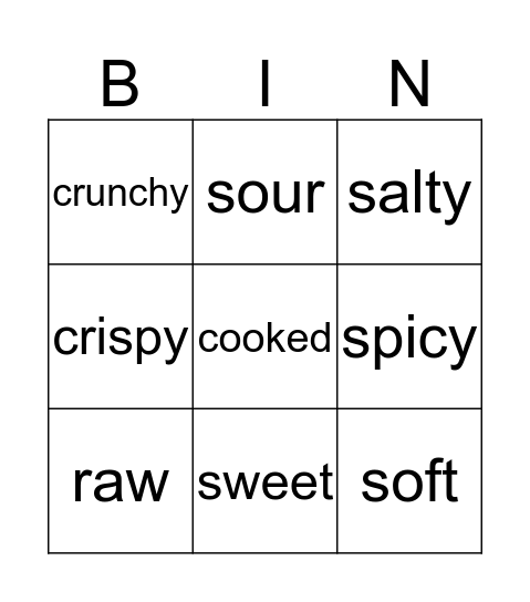 Food adjectives Bingo Card
