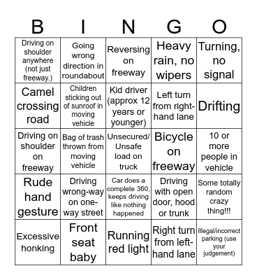 Saudi Road Bingo Card