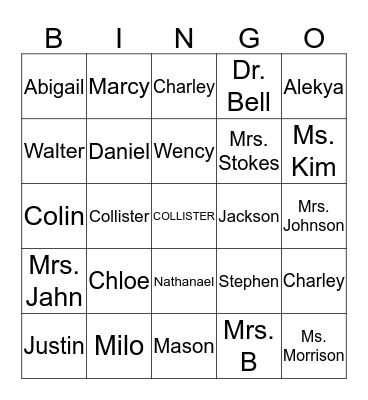 Collister Bingo Card