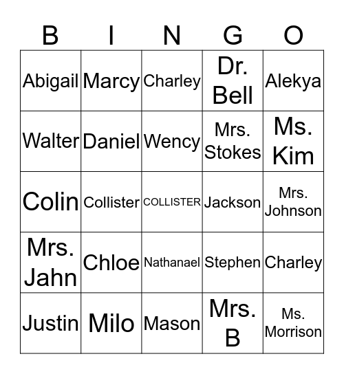 Collister Bingo Card