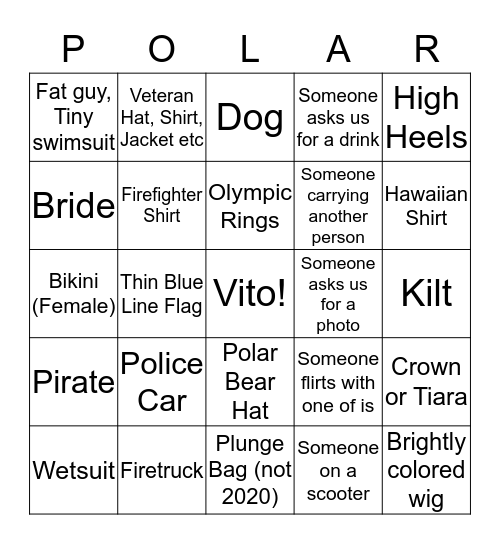 Polar Bear Plunge Bingo Card