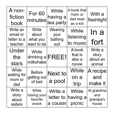 Summer Reading and Writing Bingo Card