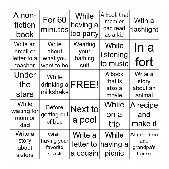 Summer Reading and Writing Bingo Card