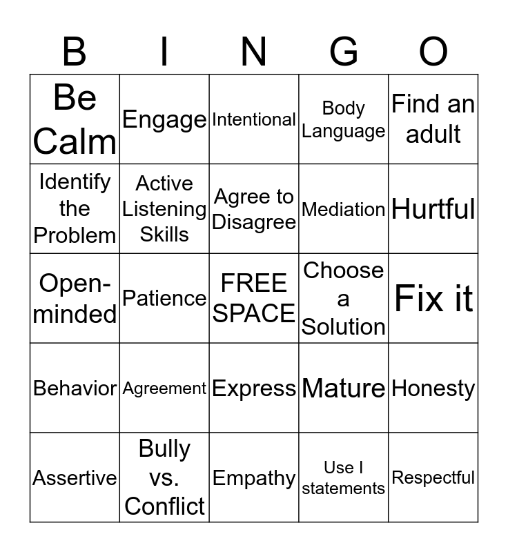 Conflict Resolution Bingo Card