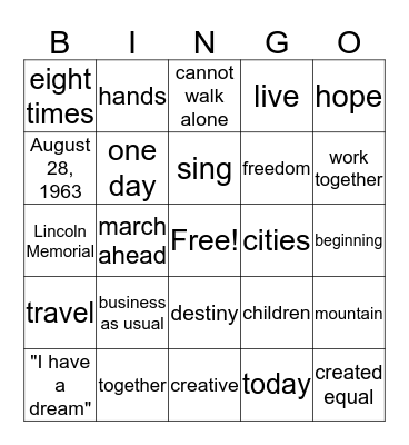 Martin Luther King Jr. Day Bingo Card