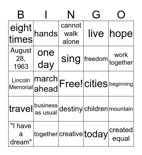 Martin Luther King Jr. Day Bingo Card