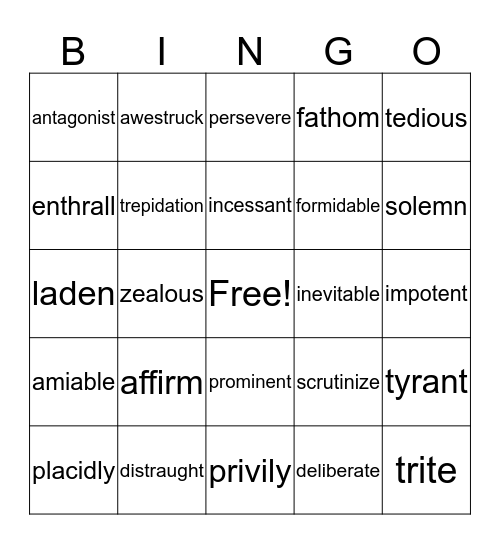 Vocabulary  Bingo Card