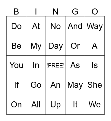 Sight Words Bingo Card