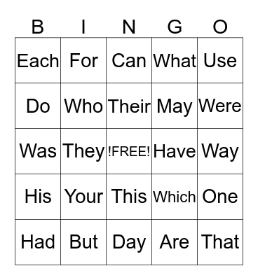 Sight Words Bingo Card