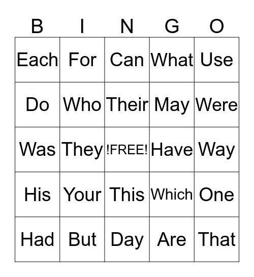 Sight Words Bingo Card