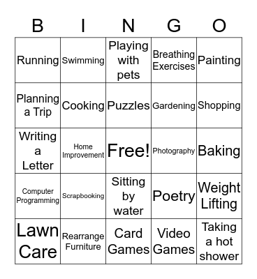 Activities Bingo Card