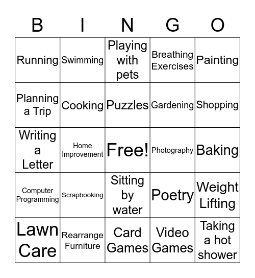 Activities Bingo Card