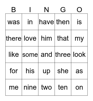 Sight Words Bingo Card