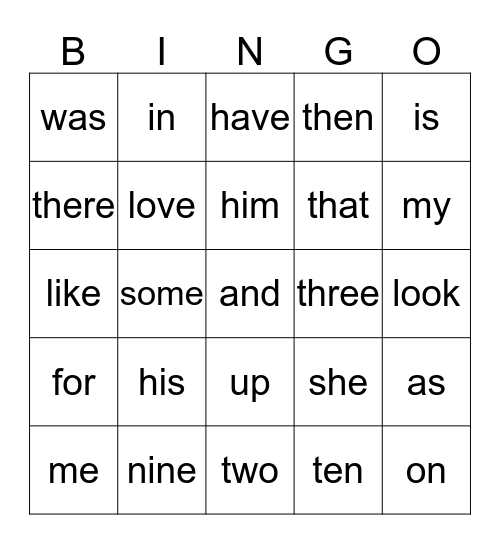 Sight Words Bingo Card