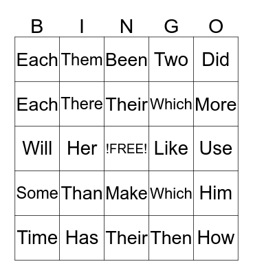 Sight Words Bingo Card