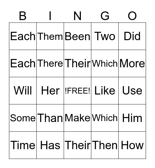 Sight Words Bingo Card