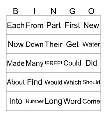 Sight Words Bingo Card