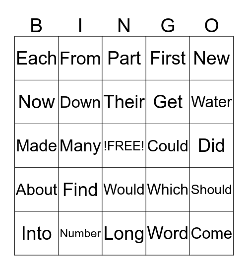 Sight Words Bingo Card