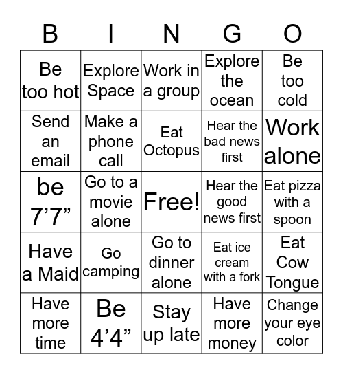 WOULD YOU RATHER Bingo Card