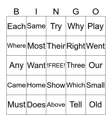 Sight Words Bingo Card