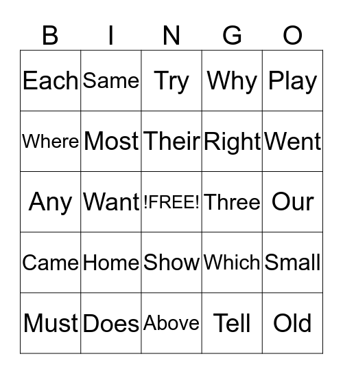 Sight Words Bingo Card
