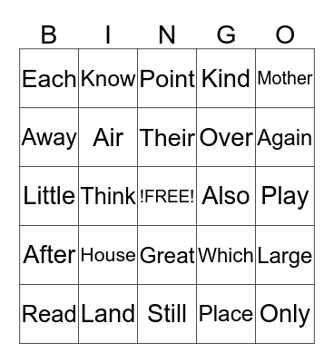 Sight Words Bingo Card