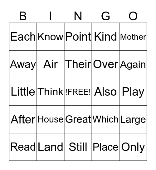 Sight Words Bingo Card