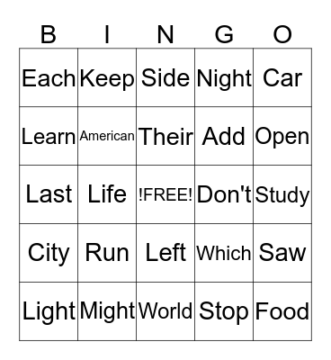 Sight Words Bingo Card
