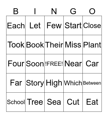 Sight Words Bingo Card