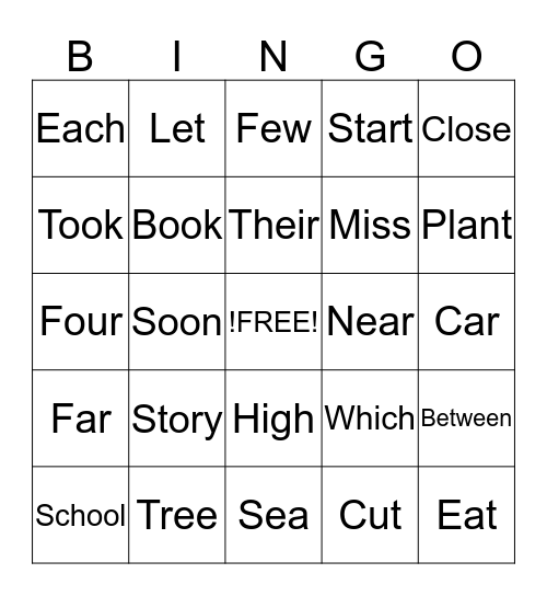 Sight Words Bingo Card